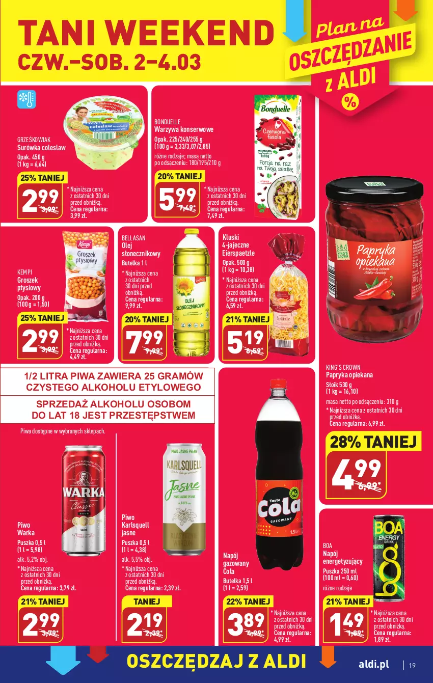 Gazetka promocyjna Aldi - Pełny katalog - ważna 27.02 do 04.03.2023 - strona 19 - produkty: Bell, Bella, Bonduelle, Gra, Groszek, Groszek ptysiowy, Karlsquell, Napój, Napój gazowany, Olej, Olej słonecznikowy, Papryka, Piwa, Piwo, Ser, Surówka, Surówka coleslaw, Warka, Warzywa, Warzywa konserwowe