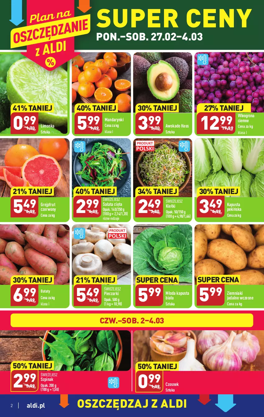 Gazetka promocyjna Aldi - Pełny katalog - ważna 27.02 do 04.03.2023 - strona 2 - produkty: Czosnek, Grejpfrut, Kiełki, Limonka, Mandarynki, Piec, Sałat, Szpinak, Wino, Winogrona, Ziemniaki