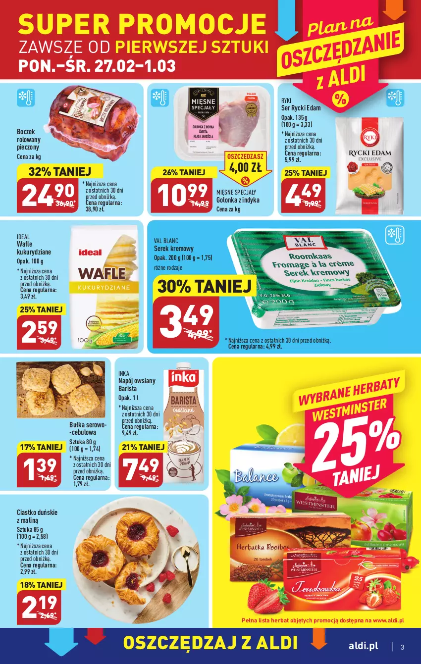 Gazetka promocyjna Aldi - Pełny katalog - ważna 27.02 do 04.03.2023 - strona 3 - produkty: Boczek, Bułka, Edam, Golonka z indyka, Inka, Mięsne specjały, Napój, Piec, Rycki Edam, Ser, Serek, Wafle