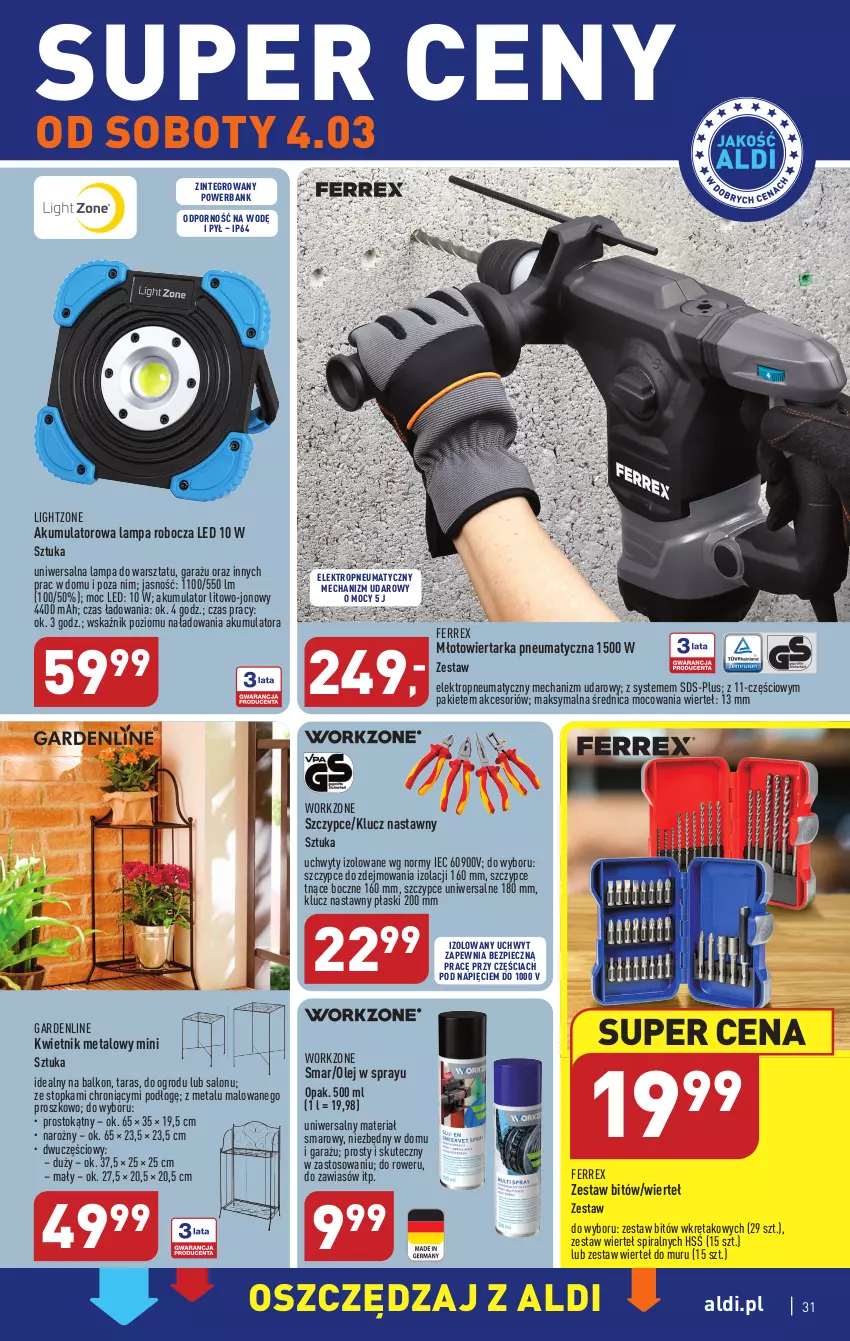 Gazetka promocyjna Aldi - Pełny katalog - ważna 27.02 do 04.03.2023 - strona 31 - produkty: Akumulator, Garaż, Kwietnik, Lampa, Lampa robocza LED, Młot, Młotowiertarka, Olej, Piec, Por, Powerbank, Rower, Szczypce, Tarka, Top, Uchwyty, Wiertarka, Wkręt, Zestaw wierteł