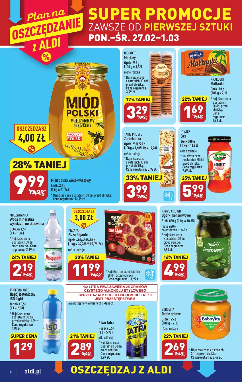 Gazetka promocyjna Aldi - Pełny katalog - ważna 27.02 do 04.03.2023 - strona 4 - produkty: BoboVita, Danie gotowe, Gra, Krakus, Krakuski, Miód, Mus, Muszynianka, Napój, Napój izotoniczny, Ogórki konserwowe, Piwa, Piwo, Pizza, Ser, Sok, Sos, Tatra, Woda, Woda mineralna, Zapiekanka