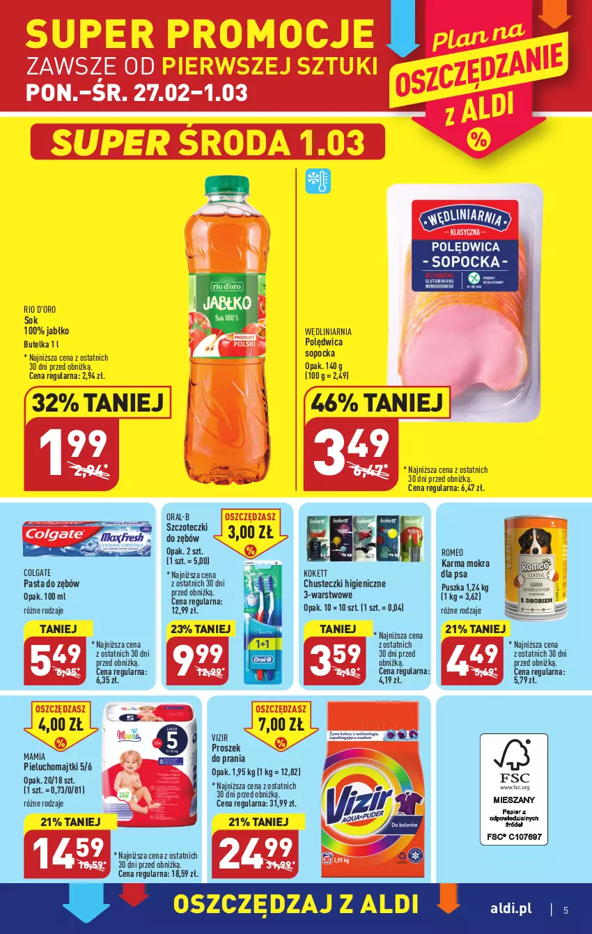 Gazetka promocyjna Aldi - Pełny katalog - ważna 27.02 do 04.03.2023 - strona 5 - produkty: Chusteczki, Colgate, LG, Majtki, Pasta do zębów, Pieluchomajtki, Polędwica, Proszek do prania, Sok, Vizir