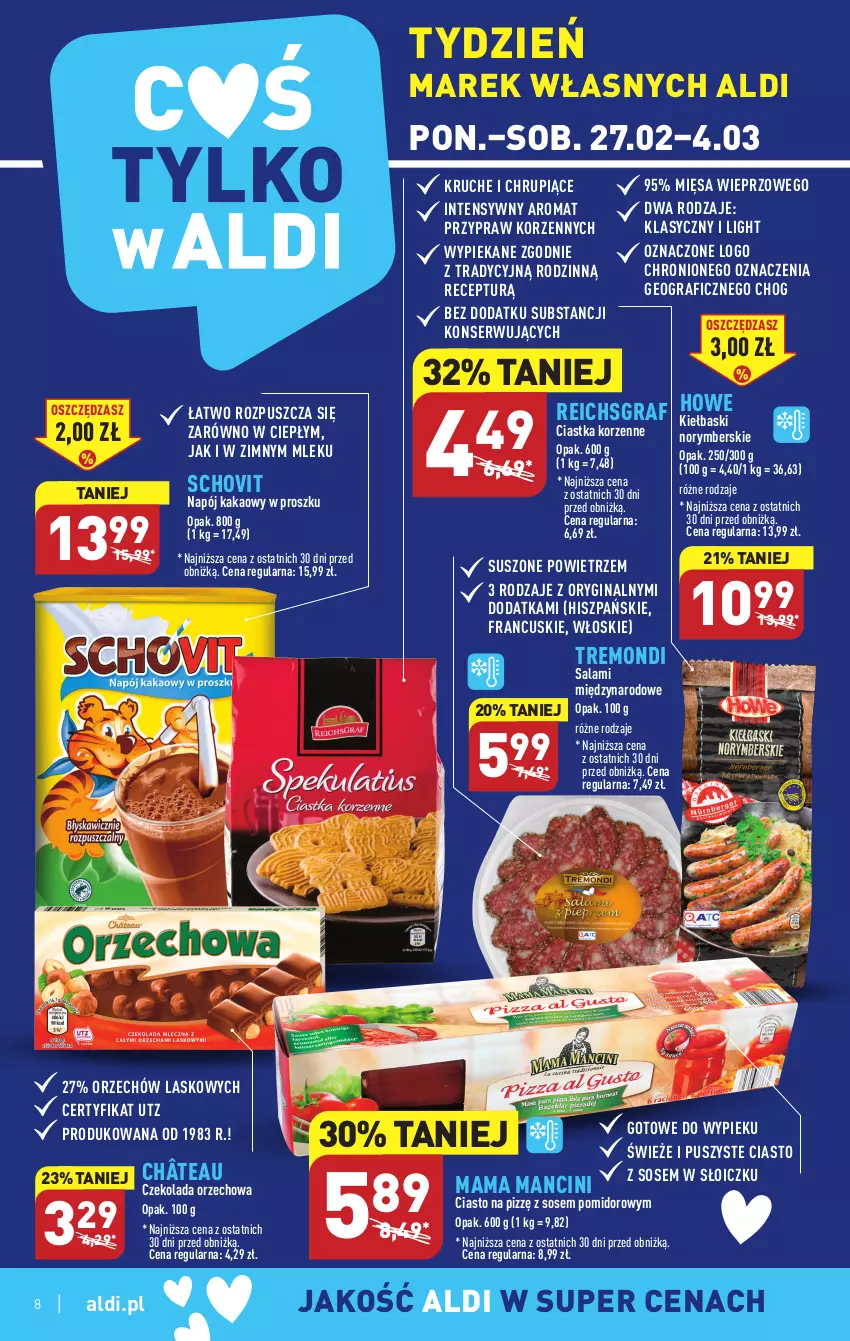 Gazetka promocyjna Aldi - Pełny katalog - ważna 27.02 do 04.03.2023 - strona 8 - produkty: Ciastka, Czekolada, Czekolada orzechowa, Gin, Gra, Kakao, Napój, Reichsgraf, Salami, Ser, Sos