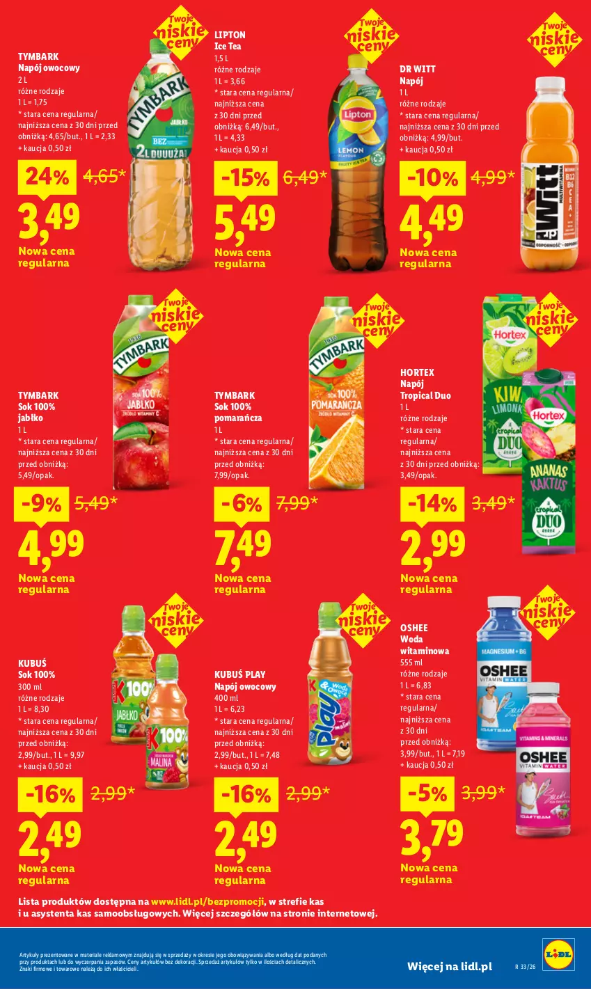 Gazetka promocyjna Lidl - Gazetka ważna od 10.08 do 11.08 - ważna 10.08 do 11.08.2026 - strona 33 - produkty: Hortex, Ice tea, Kubuś, Lipton, Napój, Oshee, Sok, Tropical, Tymbark, Woda
