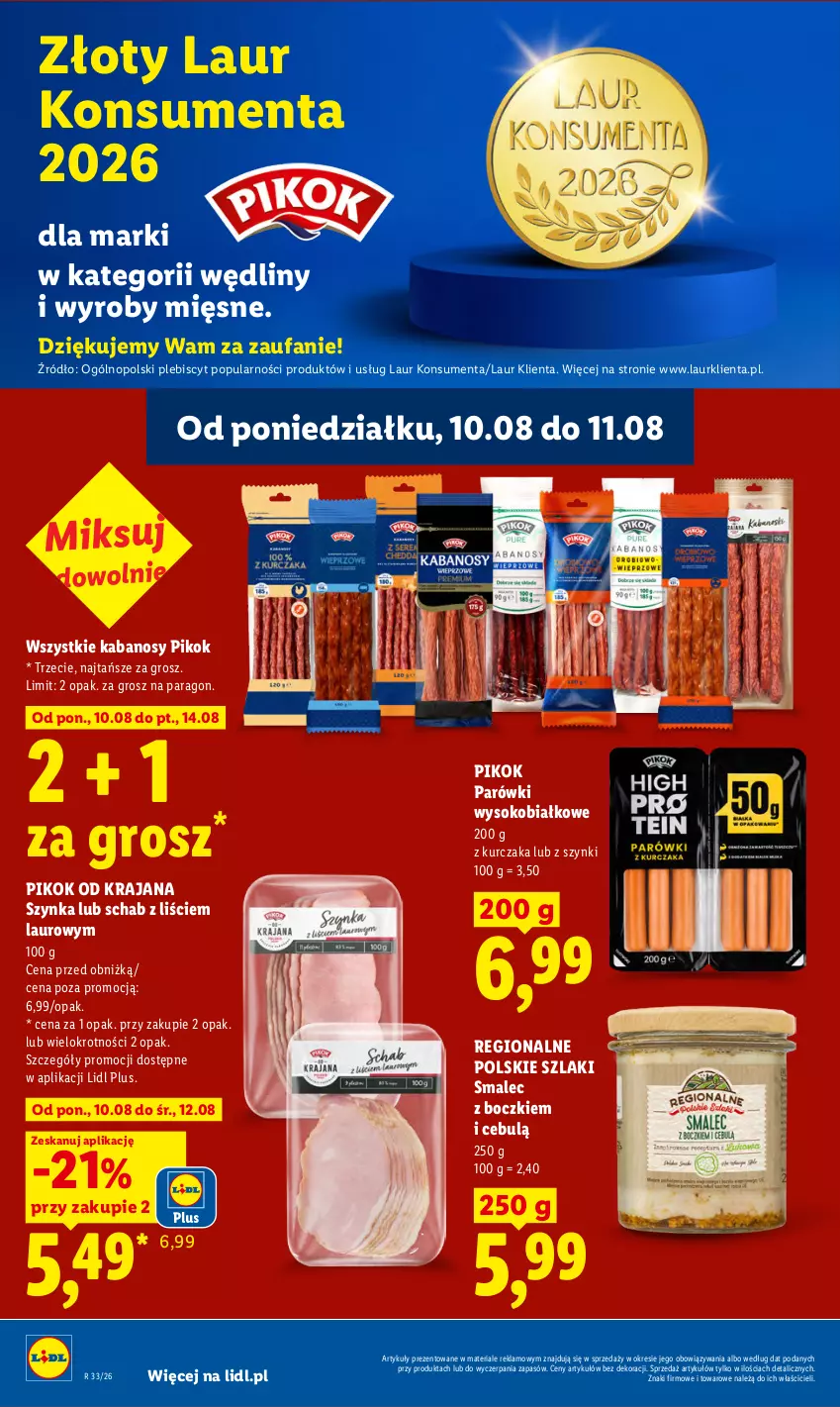 Gazetka promocyjna Lidl - Gazetka ważna od 10.08 do 11.08 - ważna 10.08 do 11.08.2026 - strona 60 - produkty: Fa, Kabanos, Kurczak, Laur, Parówki, PIKOK, Smalec, Sok, Szynka
