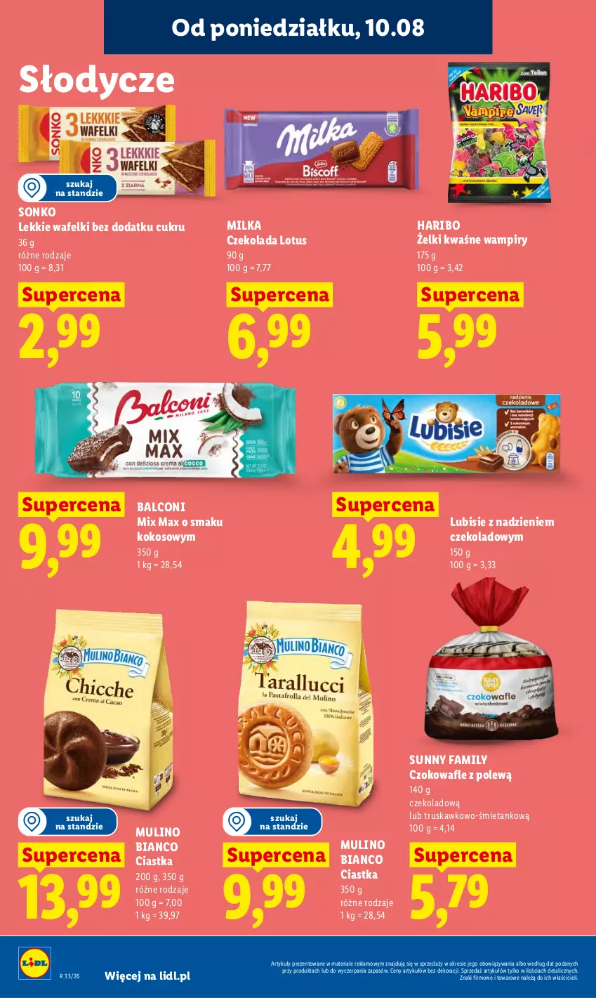 Gazetka promocyjna Lidl - Gazetka ważna od 10.08 do 11.08 - ważna 10.08 do 11.08.2026 - strona 80 - produkty: Alcon, Ciastka, Czekolada, Fa, Haribo, Kokos, Lubisie, Milka, Sonko, Wafle
