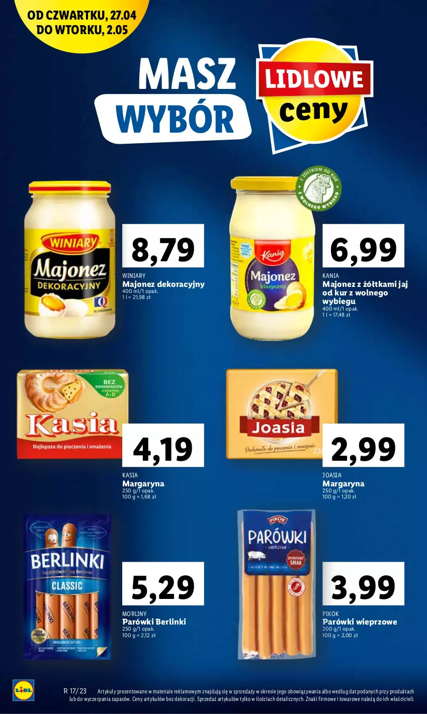 Gazetka promocyjna Lidl - GAZETKA - ważna 27.04 do 02.05.2023 - strona 12 - produkty: Berlinki, Kasia, Majonez, Margaryna, Morliny, Parówki, PIKOK, Winiary