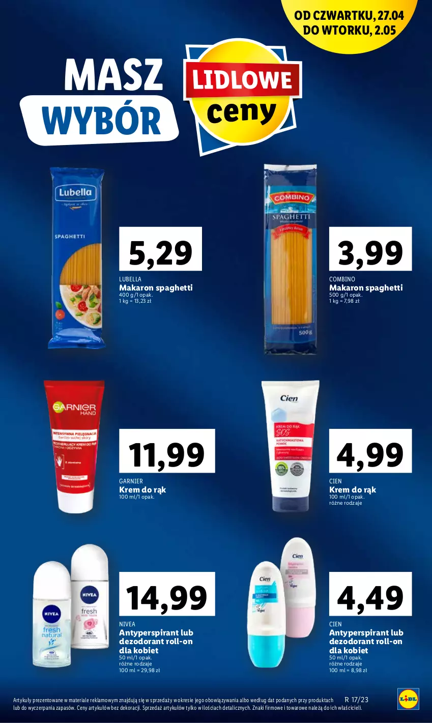 Gazetka promocyjna Lidl - GAZETKA - ważna 27.04 do 02.05.2023 - strona 13 - produkty: Antyperspirant, Bell, Bella, Dezodorant, Garnier, Krem do rąk, Lubella, Makaron, Nivea, Spaghetti