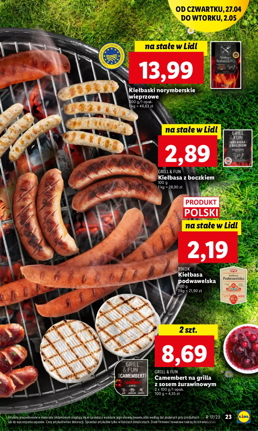 Gazetka promocyjna Lidl - GAZETKA - ważna 27.04 do 02.05.2023 - strona 27 - produkty: Camembert, Grill, Kiełbasa, Kiełbasa podwawelska, PIKOK, Sos, Wawel, Wino