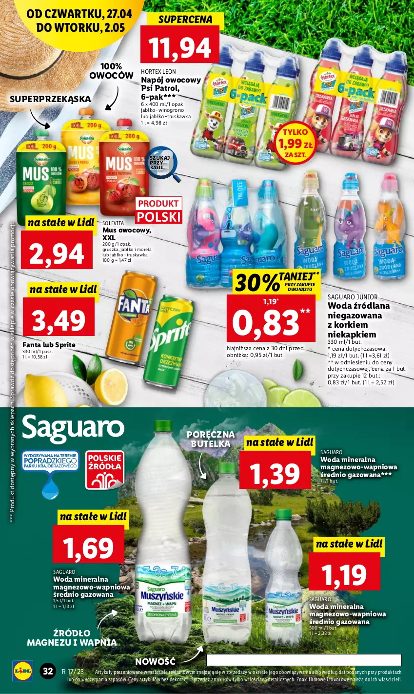 Gazetka promocyjna Lidl - GAZETKA - ważna 27.04 do 02.05.2023 - strona 36 - produkty: Fa, Fanta, Hortex, LANA, Leon, Magnez, Morela, Mus, Napój, Por, Psi Patrol, Sprite, Wino, Woda, Woda mineralna