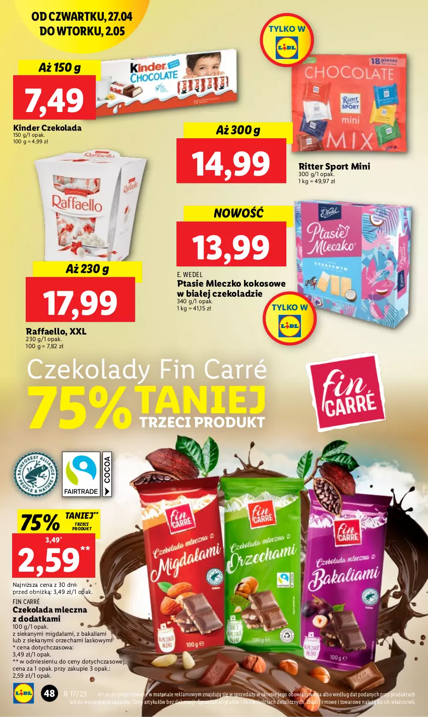 Gazetka promocyjna Lidl - GAZETKA - ważna 27.04 do 02.05.2023 - strona 58 - produkty: Czekolada, Czekolada mleczna, E. Wedel, Fa, Kinder, Kokos, Mleczko, Por, Ptasie mleczko, Raffaello, Ritter Sport, Sport