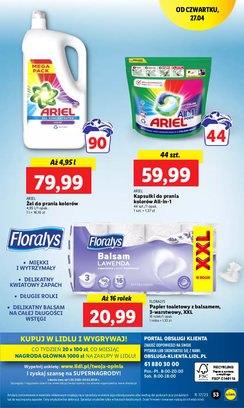 Gazetka promocyjna Lidl - GAZETKA - ważna 27.04 do 02.05.2023 - strona 63 - produkty: Ariel, Flora, Gry, Kapsułki do prania, Mola, Papier, Papier toaletowy, Rolki