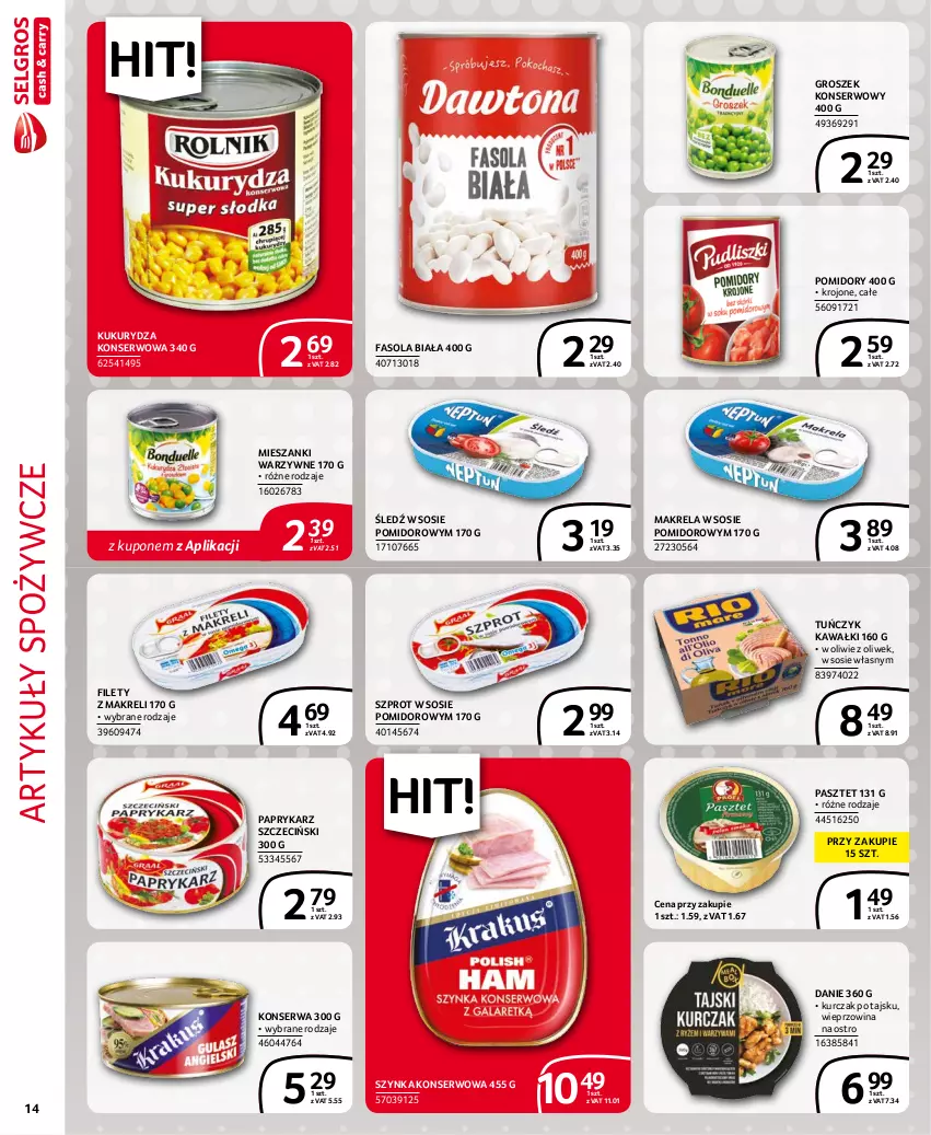 Gazetka promocyjna Selgros - Extra Oferta - ważna 01.11 do 30.11.2021 - strona 14 - produkty: Artykuły spożywcze, Fa, Fasola, Groszek, Kawa, Kukurydza, Kukurydza konserwowa, Kurczak, Papryka, Paprykarz, Paprykarz szczeciński, Pasztet, Pomidory, Ser, Sos, Szprot, Szprot w sosie, Szynka, Szynka konserwowa, Tuńczyk, Wieprzowina