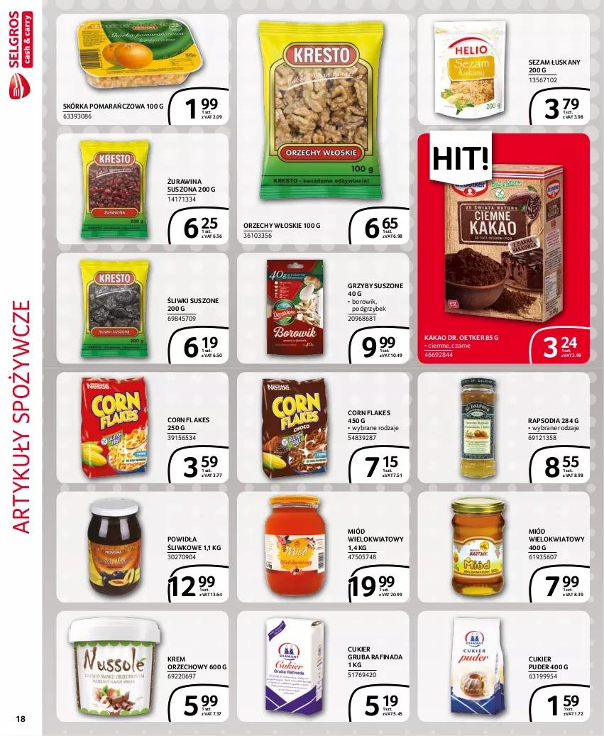 Gazetka promocyjna Selgros - Extra Oferta - ważna 01.11 do 30.11.2021 - strona 18 - produkty: Artykuły spożywcze, Corn flakes, Cukier, Cukier puder, Dr. Oetker, Grzyby, Kakao, Krem orzechowy, Miód, Orzechy włoskie, Puder, Sezam