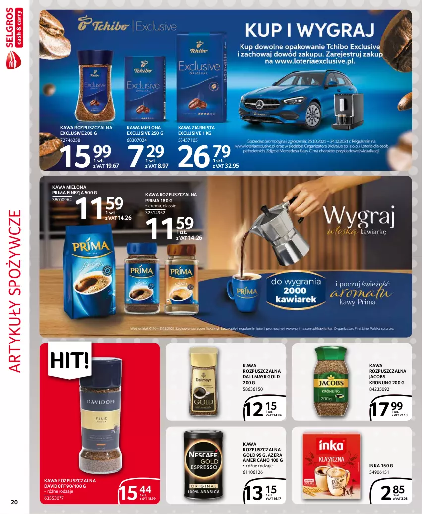 Gazetka promocyjna Selgros - Extra Oferta - ważna 01.11 do 30.11.2021 - strona 20 - produkty: Artykuły spożywcze, Dallmayr, Davidoff, Inka, Jacobs, Jacobs Krönung, Kawa, Kawa mielona, Kawa rozpuszczalna, Kawa ziarnista, Prima