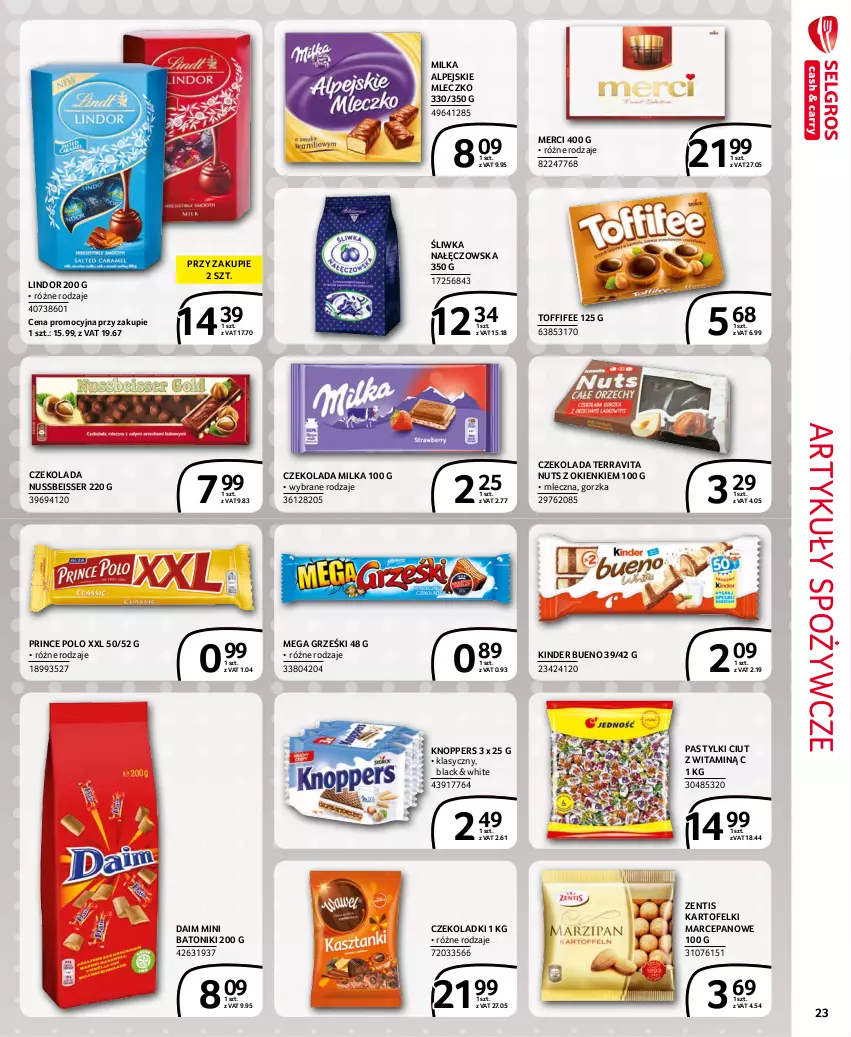 Gazetka promocyjna Selgros - Extra Oferta - ważna 01.11 do 30.11.2021 - strona 23 - produkty: Artykuły spożywcze, Baton, Czekolada, Grześki, Kartofelki marcepanowe, Kinder, Kinder Bueno, Knoppers, Lack, Lindor, Merci, Milka, Mleczko, Pastylki, Prince Polo, Ser, Toffifee, Tonik