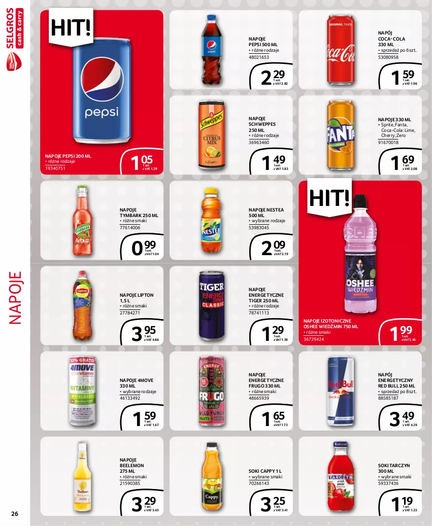 Gazetka promocyjna Selgros - Extra Oferta - ważna 01.11 do 30.11.2021 - strona 26 - produkty: Cappy, Coca-Cola, Fa, Fanta, Lipton, Napój, Napój energetyczny, Napoje, Nestea, Oshee, Pepsi, Red Bull, Schweppes, Sok, Sprite, Tiger, Tymbark