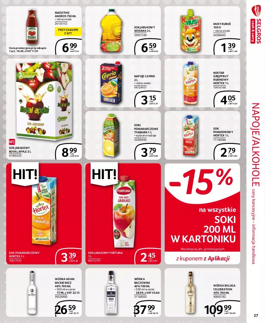 Gazetka promocyjna Selgros - Extra Oferta - ważna 01.11 do 30.11.2021 - strona 27 - produkty: Alkohole, Fortuna, Grejpfrut, Hortex, Kubuś, Mus, Napoje, Nektar, Rubin, Smoothie, Sok, Sok jabłkowy, Sok pomarańczowy, Sok pomidorowy, Tonik, Tymbark, Wódka, Wosana