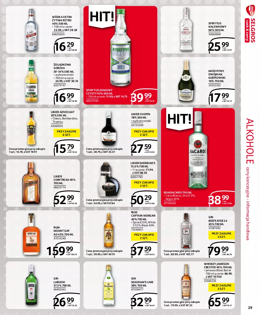 Gazetka promocyjna Selgros - Extra Oferta - ważna 01.11 do 30.11.2021 - strona 29 - produkty: Advocaat, Alkohole, Bacardi, Captain Morgan, Gin, Gra, Jameson, Lack, Likier, Miód, Miód pitny, Rum, Whiskey, Wódka