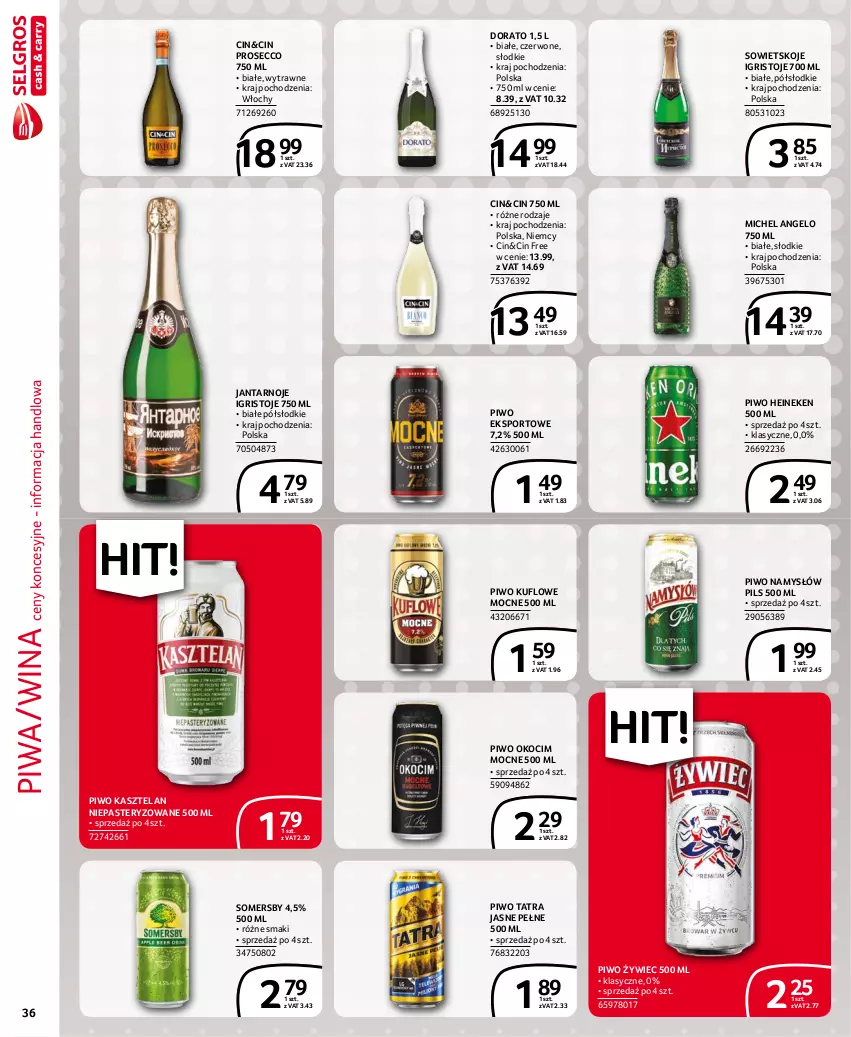 Gazetka promocyjna Selgros - Extra Oferta - ważna 01.11 do 30.11.2021 - strona 36 - produkty: Heineken, Kasztelan, Koc, Namysłów, Okocim, Piwa, Piwo, Por, Prosecco, Somersby, Sowietskoje Igristoje, Sport, Tatra