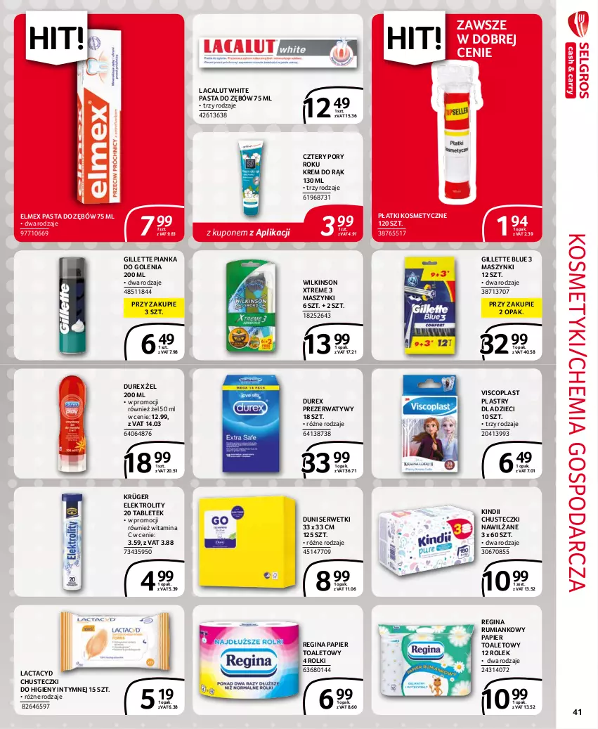 Gazetka promocyjna Selgros - Extra Oferta - ważna 01.11 do 30.11.2021 - strona 41 - produkty: Chusteczki, Chusteczki do higieny, Durex, Dzieci, Elmex, Gillette, Gin, Kindii, Krem do rąk, Lacalut, Lactacyd, Papier, Papier toaletowy, Pasta do zębów, Pianka do golenia, Płatki kosmetyczne, Por, Prezerwatyw, Rolki, Rum, Ser, Serwetki, Tablet, Viscoplast