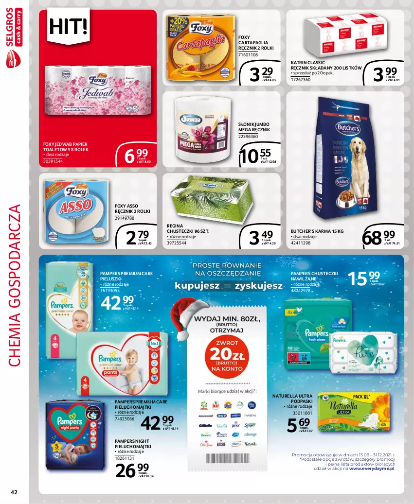 Gazetka promocyjna Selgros - Extra Oferta - ważna 01.11 do 30.11.2021 - strona 42 - produkty: Chusteczki, Foxy, Gin, Majtki, Naturell, Naturella, Pampers, Papier, Papier toaletowy, Pieluchomajtki, Podpaski, Ręcznik, Rolki