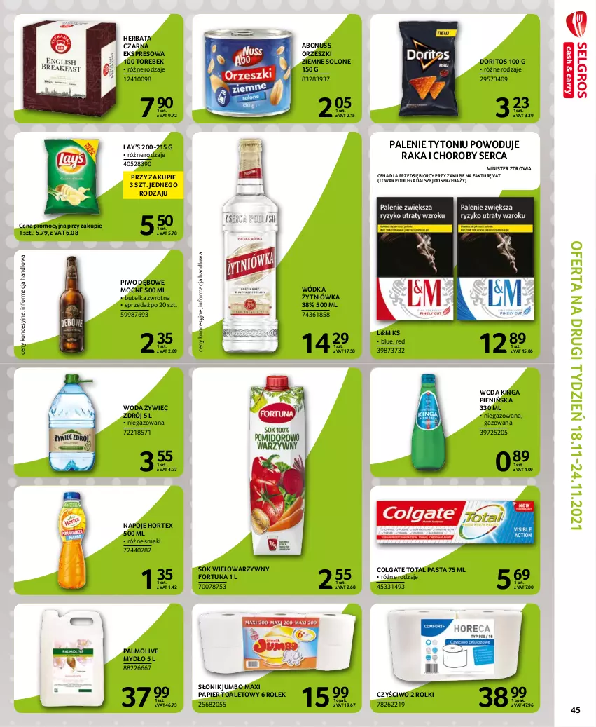 Gazetka promocyjna Selgros - Extra Oferta - ważna 01.11 do 30.11.2021 - strona 45 - produkty: Colgate, Colgate Total, Fa, Fortuna, Herbata, Herbata czarna, Hortex, Lay’s, LG, Mydło, Napoje, Orzeszki, Orzeszki ziemne, Palmolive, Papier, Papier toaletowy, Piwo, Rolki, Ser, Sok, Woda, Wódka