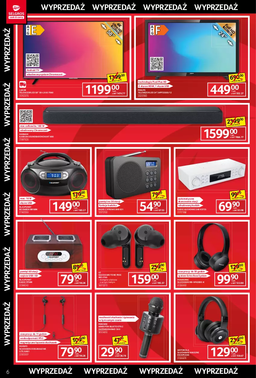 Gazetka promocyjna Selgros - Katalog Wyprzedaż - ważna 30.09 do 13.10.2021 - strona 6 - produkty: Android TV, Budzik, Głośnik, Huawei, LG, Mikrofon, Motorola, Panasonic, Philips, Por, Słuchawki, Soundbar, Telewizor