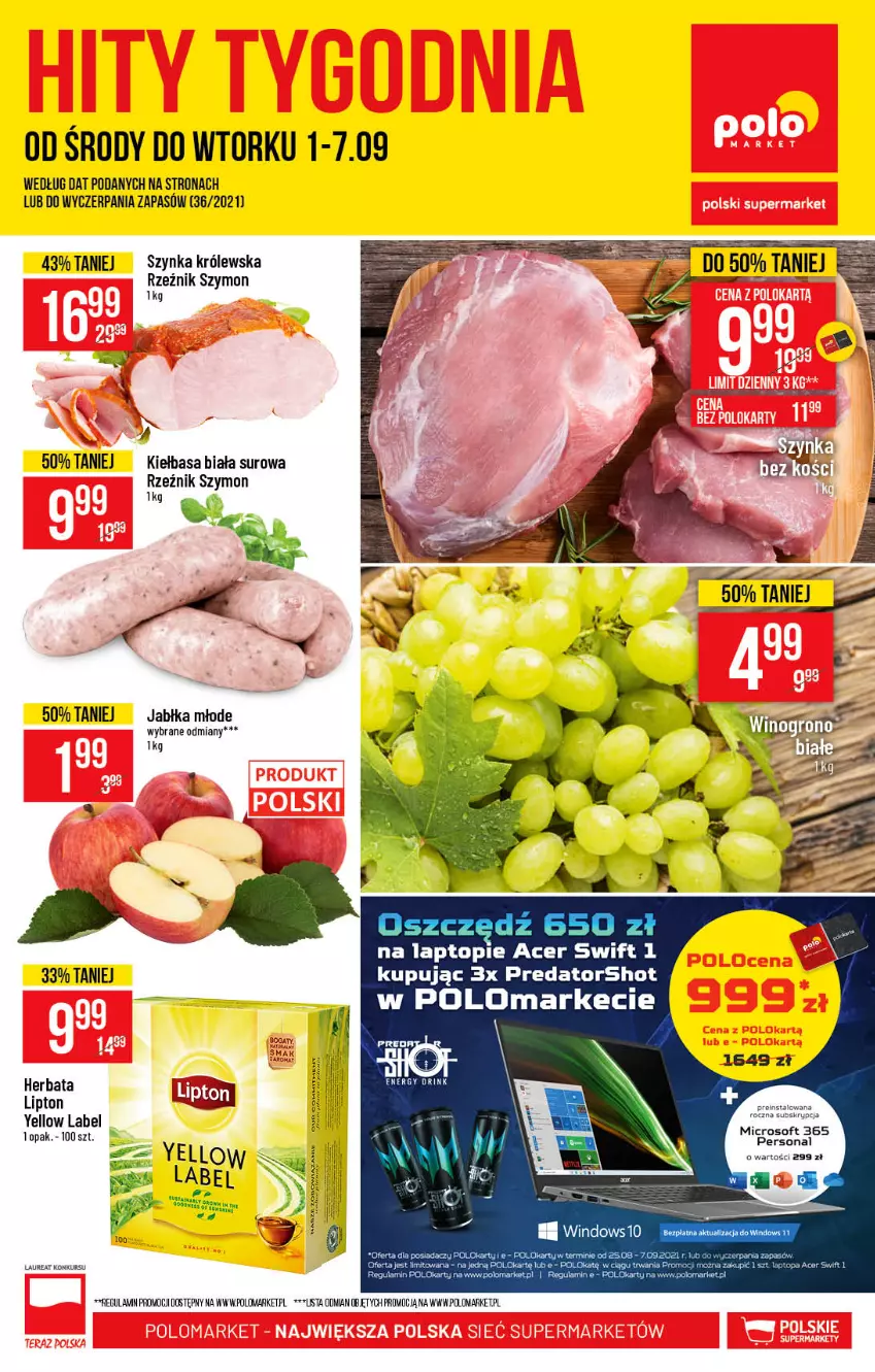 Gazetka promocyjna PoloMarket - Gazetka pomocyjna - ważna 01.09 do 07.09.2021 - strona 1 - produkty: Acer, Herbata, Jabłka, Kiełbasa, Kiełbasa biała, Laur, Lipton, Szynka, Szynka Królewska, Top