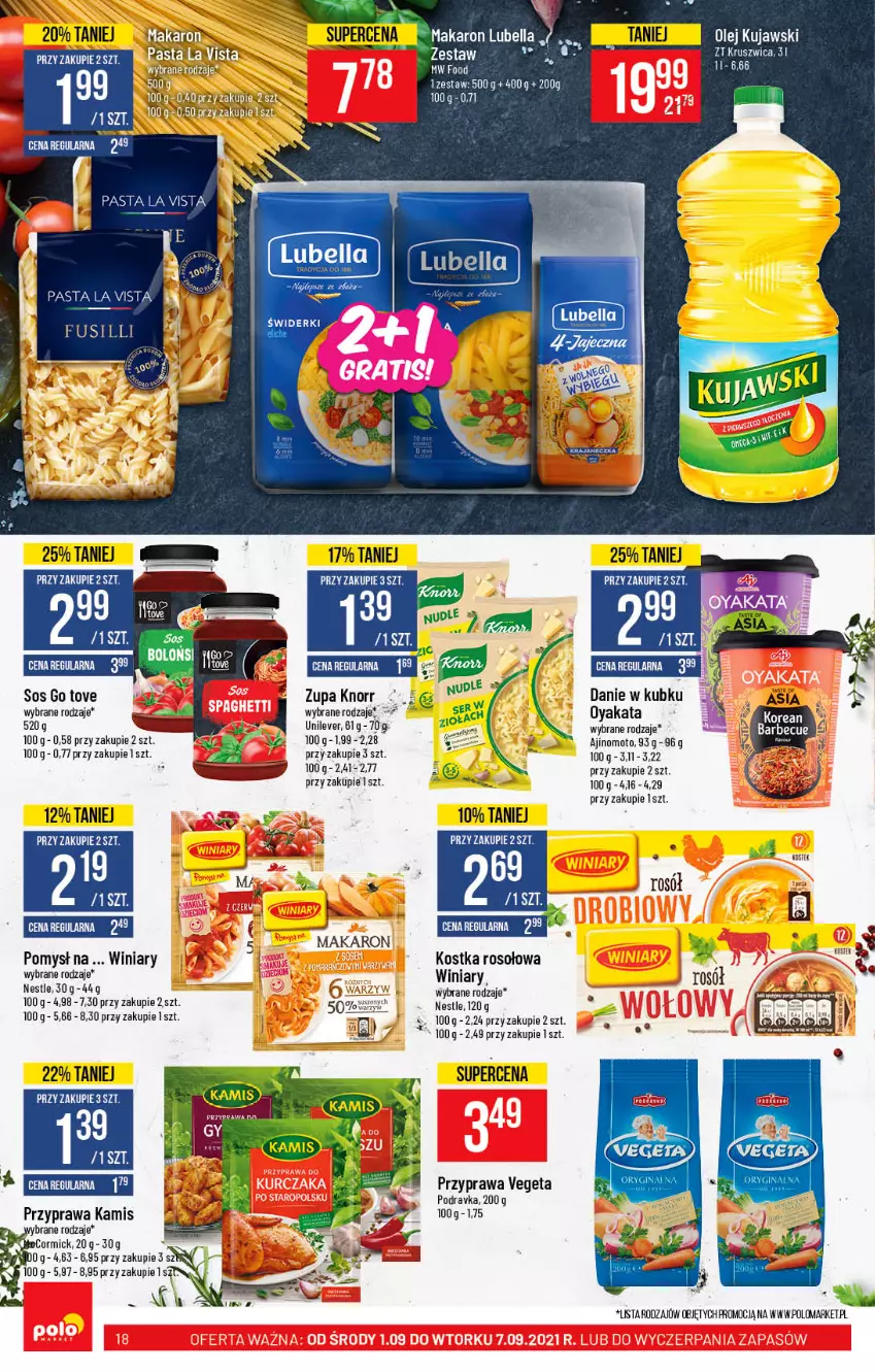 Gazetka promocyjna PoloMarket - Gazetka pomocyjna - ważna 01.09 do 07.09.2021 - strona 18 - produkty: Kamis, Knorr, Kujawski, Makaron, Olej, Podravka, Rosół, Ser, Sos, Vegeta, Winiary, Zupa