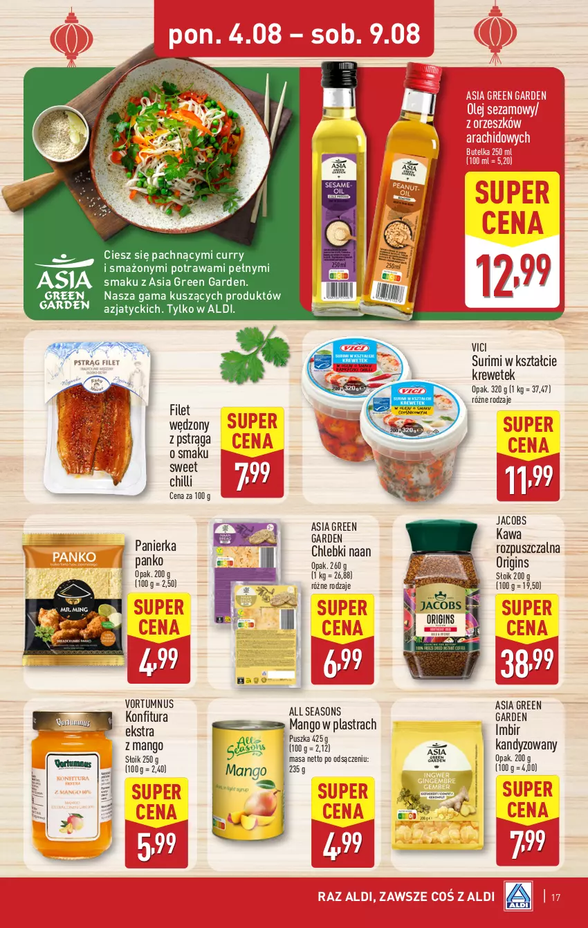 Gazetka promocyjna Aldi - Pełna oferta - ważna 04.08 do 09.08.2025 - strona 17 - produkty: All Seasons, Chleb, Gin, Imbir, Jacobs, Kawa, Kawa rozpuszczalna, Konfitura, Mango, Olej, Olej sezamowy, Pstrąg, Sezam, Surimi