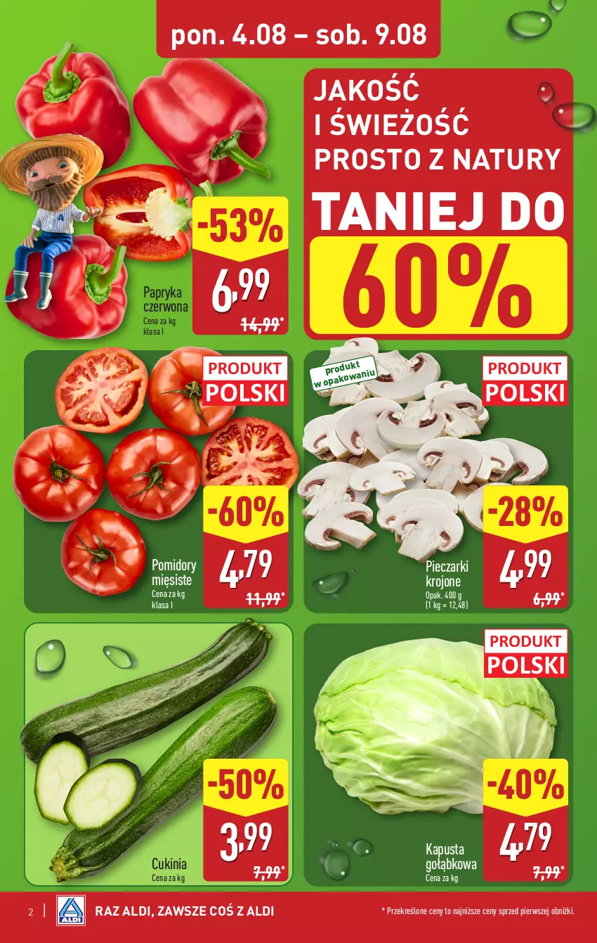 Gazetka promocyjna Aldi - Pełna oferta - ważna 04.08 do 09.08.2025 - strona 2 - produkty: Papryka, Papryka czerwona, Piec, Pieczarki krojone, Pomidory