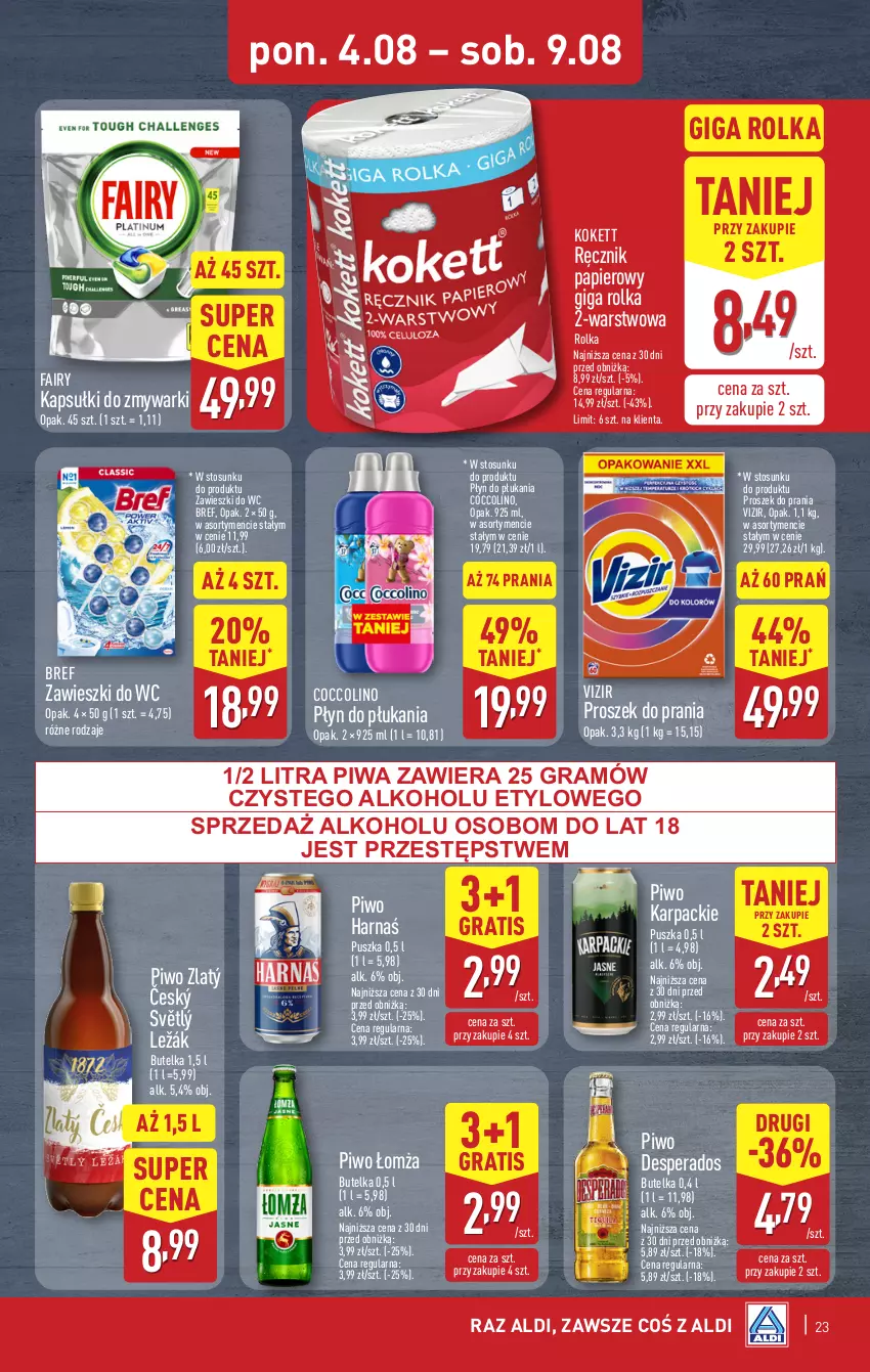 Gazetka promocyjna Aldi - Pełna oferta - ważna 04.08 do 09.08.2025 - strona 23 - produkty: Bref, Coccolino, Desperados, Fa, Fairy, Gra, Harnaś, Karp, Papier, Piwa, Piwo, Płyn do płukania, Proszek do prania, Ręcznik, Vizir, Zawieszki, Zmywarki
