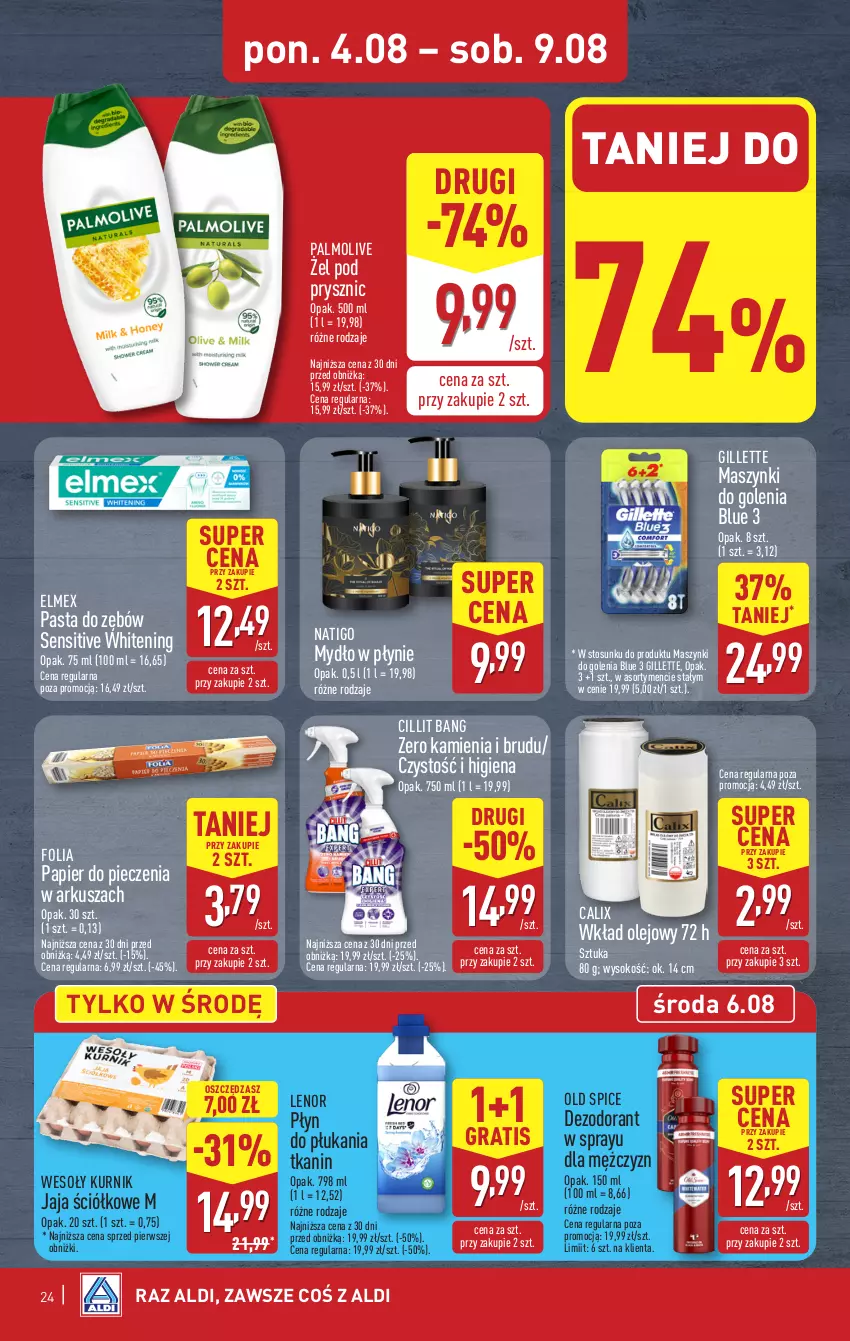 Gazetka promocyjna Aldi - Pełna oferta - ważna 04.08 do 09.08.2025 - strona 24 - produkty: Cillit Bang, Dezodorant, Elmex, Gillette, Gra, Jaja, Lenor, Mydło, Mydło w płynie, Old Spice, Olej, Palmolive, Papier, Papier do pieczenia, Pasta do zębów, Piec, Płyn do płukania, Sok, Wkład olejowy