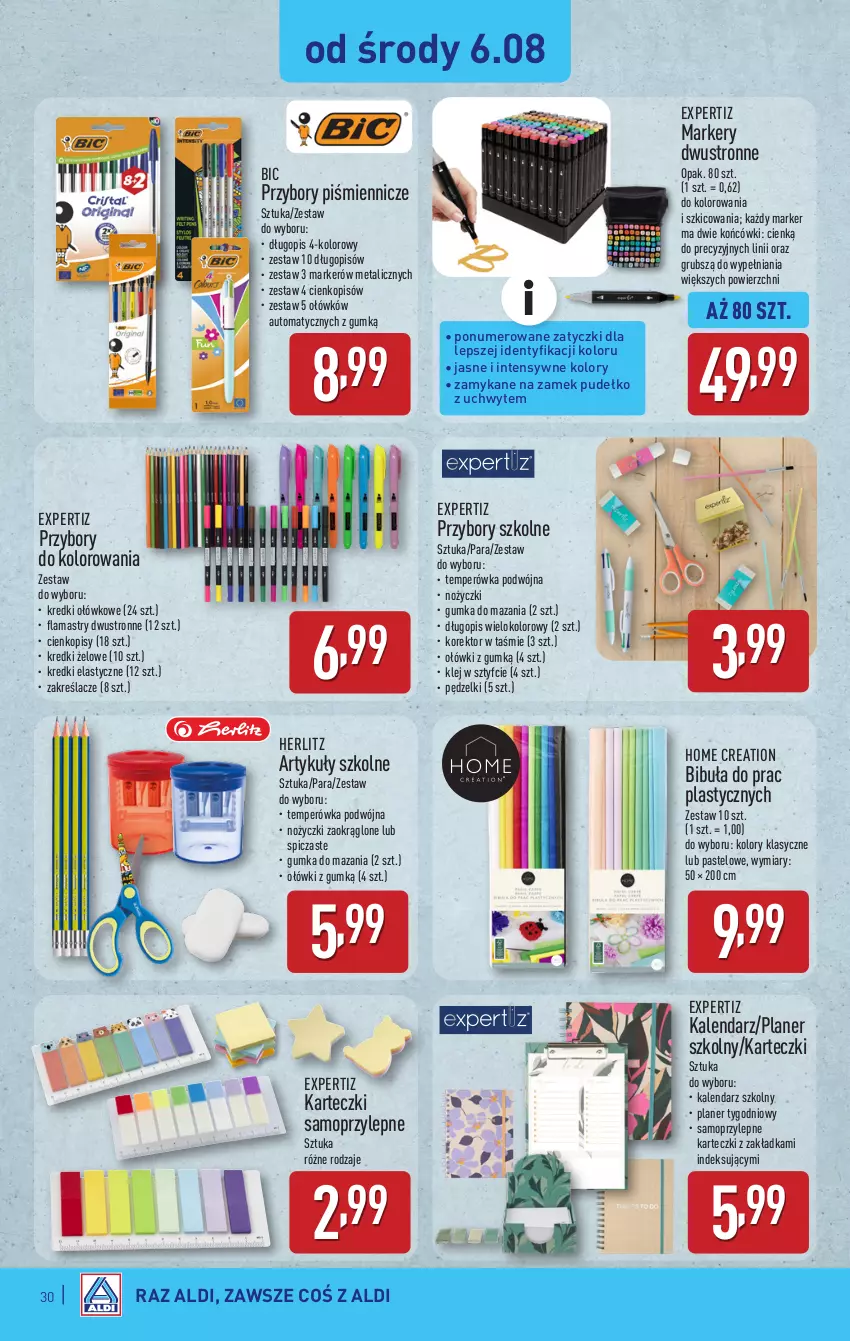 Gazetka promocyjna Aldi - Pełna oferta - ważna 04.08 do 09.08.2025 - strona 30 - produkty: BIC, Długopis, Flamastry, Kalendarz, Karteczki samoprzylepne, Klej, Marker, Mop, Noż, Nożyczki, Pudełko