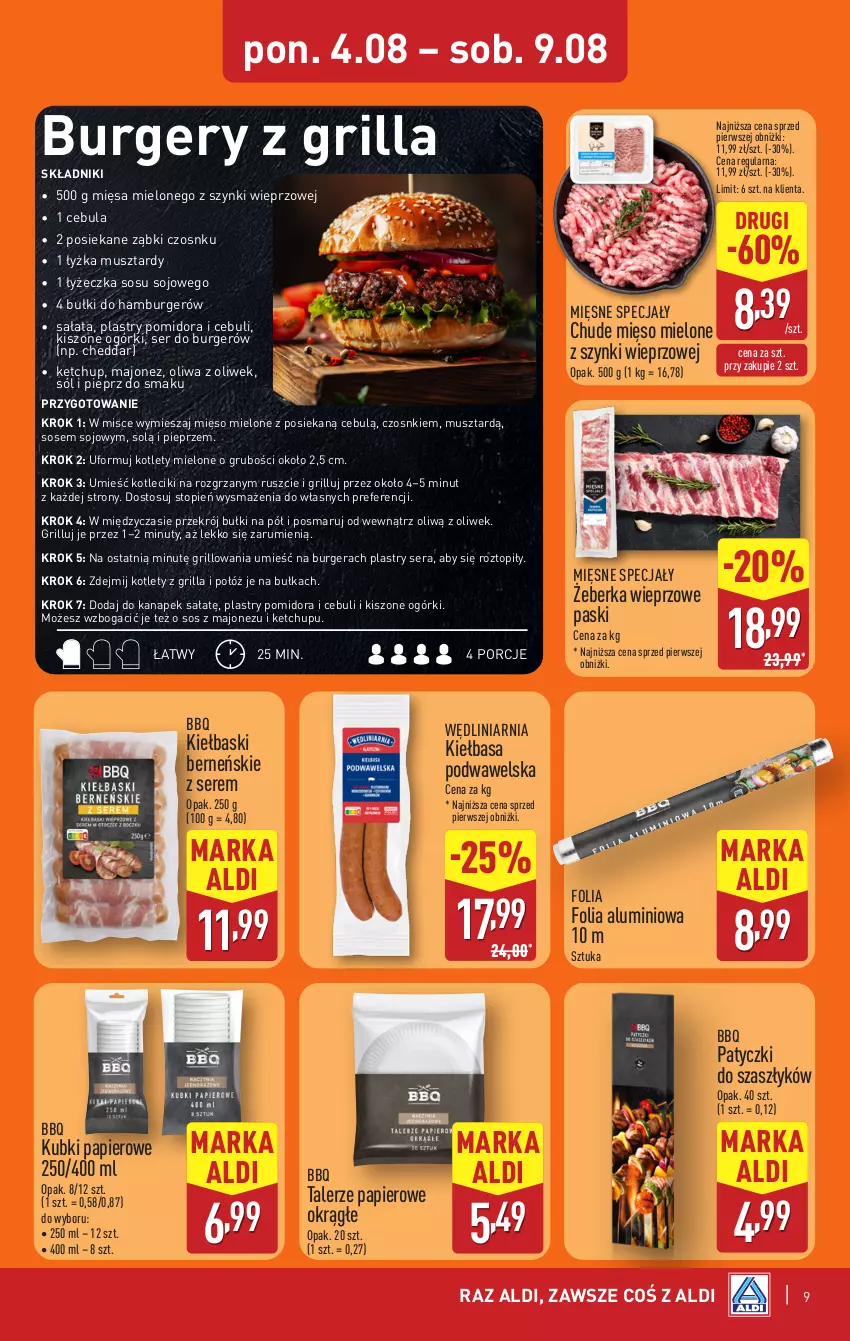 Gazetka promocyjna Aldi - Pełna oferta - ważna 04.08 do 09.08.2025 - strona 9 - produkty: Bułka, Burger, Cebula, Cheddar, Folia aluminiowa, Grill, Hamburger, Ketchup, Kiełbasa, Kiełbasa podwawelska, Kotlet, Majonez, Mięsne specjały, Mięso, Mięso mielone, Mus, Nuty, Oliwa z oliwek, Papier, Pieprz, Por, Rum, Sałat, Ser, Sól, Sos, Talerz, Top, Wawel