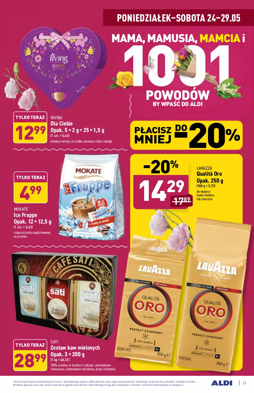 Gazetka promocyjna Aldi - ważna 24.05 do 29.05.2021 - strona 13 - produkty: Czekolada, Irving, Kawa, Kawa mielona, Kokos, Lavazza, Mus, Napój, Sati, Tera