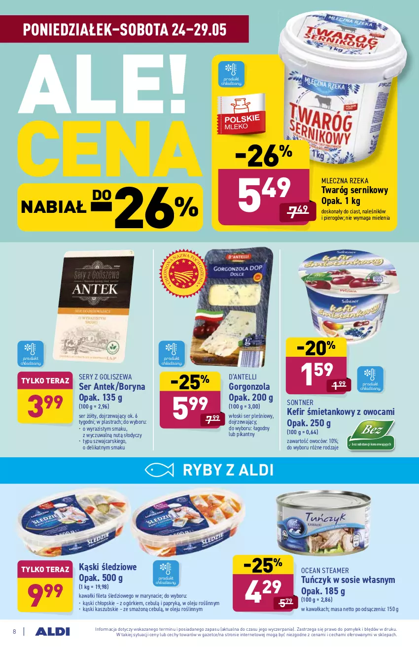 Gazetka promocyjna Aldi - ważna 24.05 do 29.05.2021 - strona 8 - produkty: Cars, Gorgonzola, Kawa, Kefir, Mleczna Rzeka, Olej, Ser, Ser pleśniowy, Sos, Tera, Tuńczyk, Twaróg