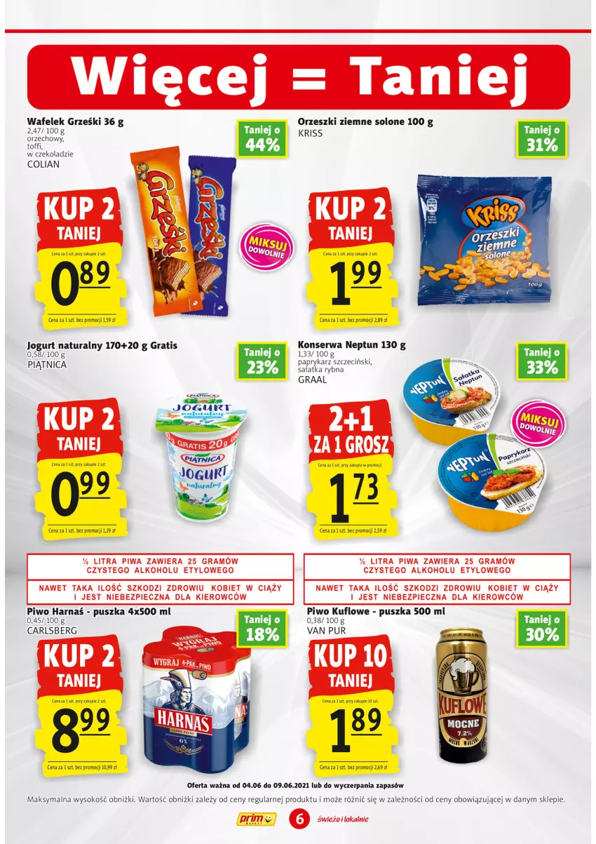 Gazetka promocyjna Prim Market - Gazetka - ważna 04.06 do 09.06.2021 - strona 6 - produkty: Carlsberg, Gra, Graal, Grześki, Harnaś, Jogurt, Jogurt naturalny, Orzeszki, Orzeszki ziemne, Papryka, Paprykarz, Paprykarz szczeciński, Piątnica, Piec, Piwa, Piwo, Pur, Sałat, Sałatka, Ser, Sok, Wafelek