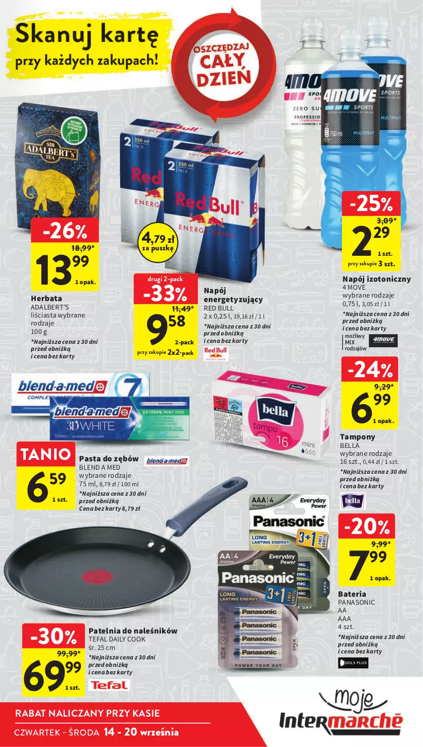 Gazetka promocyjna Intermarche - Gazetka Intermarche - ważna 14.09 do 20.09.2023 - strona 11 - produkty: Bateria, Bell, Bella, Fa, Herbata, Napój, Napój izotoniczny, Panasonic, Pasta do zębów, Patelnia, Red Bull, Tampony, Tefal