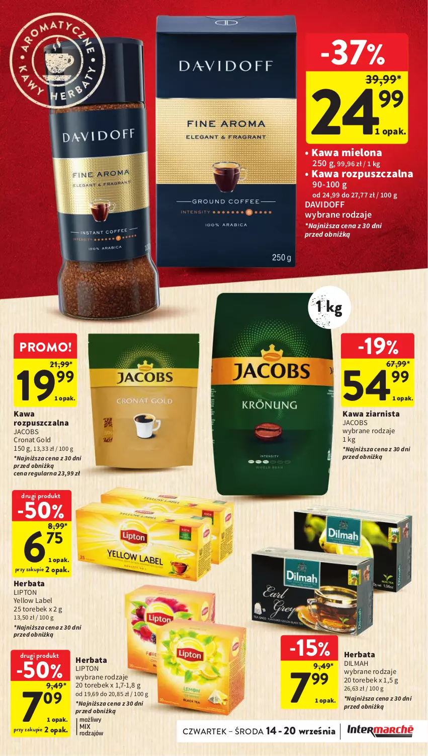 Gazetka promocyjna Intermarche - Gazetka Intermarche - ważna 14.09 do 20.09.2023 - strona 27 - produkty: Davidoff, Dilmah, Herbata, Jacobs, Kawa, Kawa mielona, Kawa rozpuszczalna, Kawa ziarnista, Lipton