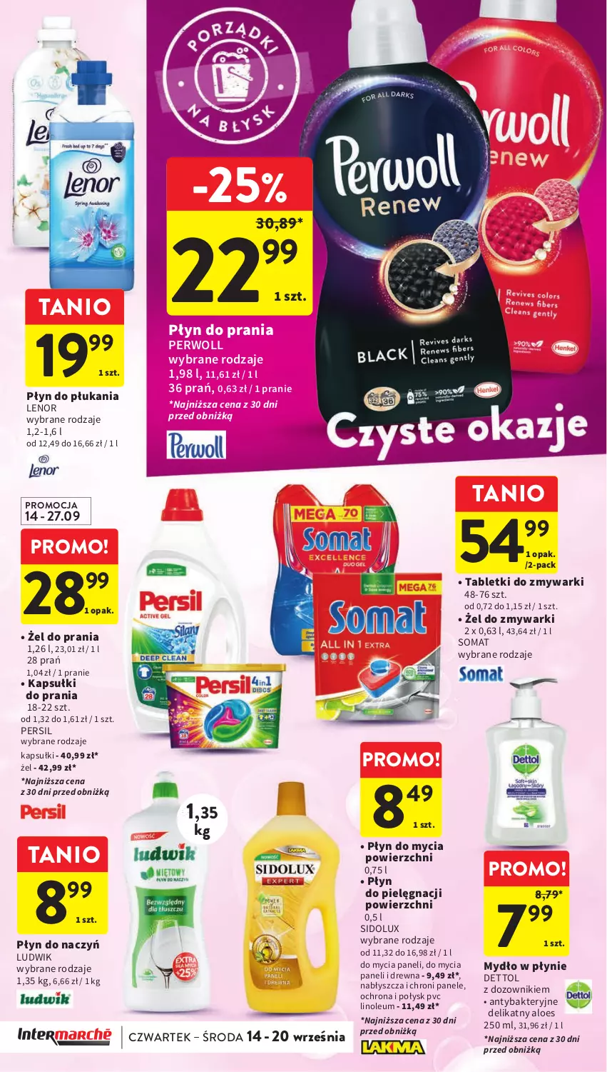 Gazetka promocyjna Intermarche - Gazetka Intermarche - ważna 14.09 do 20.09.2023 - strona 34 - produkty: Dettol, Dozownik, Kapsułki do prania, Lenor, Ludwik, Mydło, Mydło w płynie, Persil, Perwoll, Płyn do mycia, Płyn do płukania, Płyn do prania, Sidolux, Somat, Tablet, Tabletki do zmywarki, Zmywarki