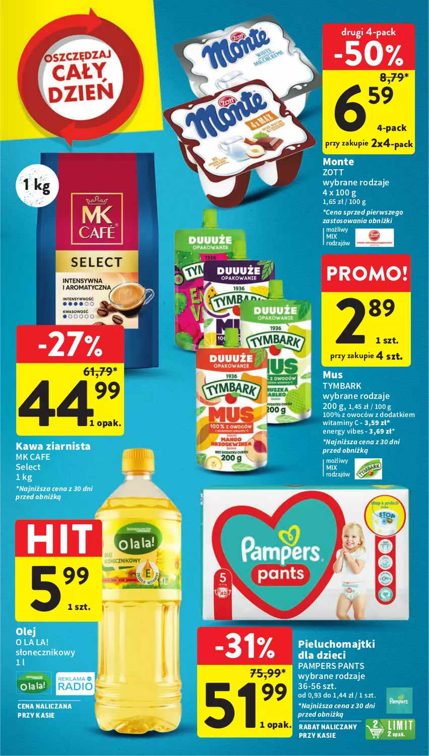 Gazetka promocyjna Intermarche - Gazetka Intermarche - ważna 14.09 do 20.09.2023 - strona 39 - produkty: Dzieci, Kawa, Kawa ziarnista, Majtki, Monte, Mus, Olej, Pampers, Pieluchomajtki, Tymbark, Zott