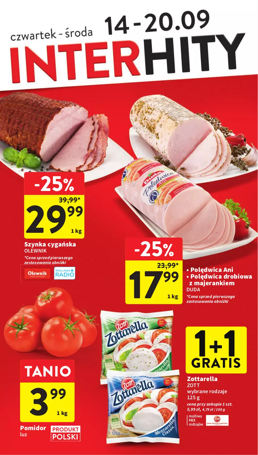 Gazetka promocyjna Intermarche - Gazetka Intermarche - ważna 14.09 do 20.09.2023 - strona 6 - produkty: Duda, Gra, Olewnik, Polędwica, Szynka, Szynka cygańska, Zott, Zottarella