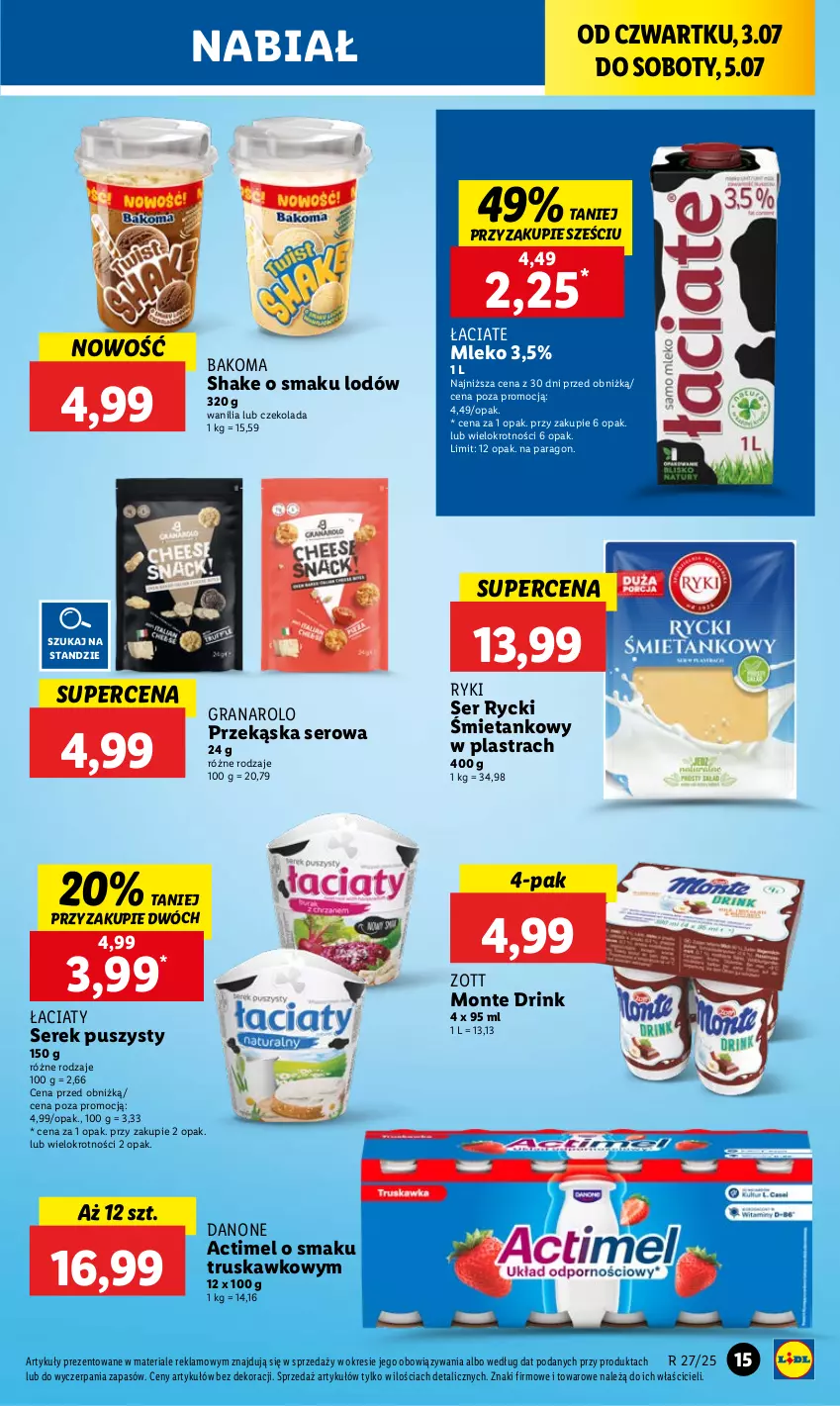 Gazetka promocyjna Lidl - GAZETKA - ważna 03.07 do 05.07.2025 - strona 19 - produkty: Actimel, Bakoma, Czekolada, Danone, Gra, Mleko, Monte, Ser, Serek, Serek puszysty, Zott