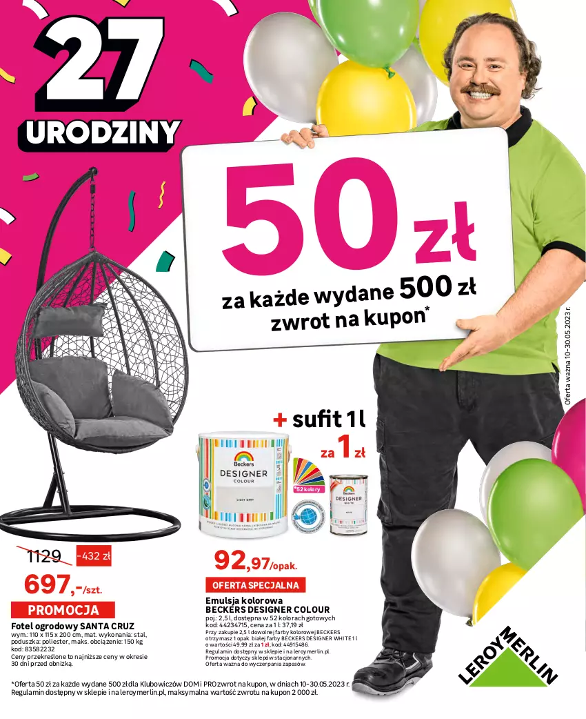 Gazetka promocyjna Leroy Merlin - Gazetka Leroy Merlin - ważna 10.05 do 30.05.2023 - strona 1 - produkty: Beckers, Designer Colour, Emulsja, Fa, Fotel, Poduszka