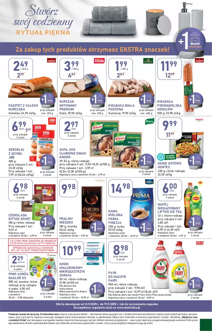 Gazetka promocyjna Stokrotka - Supermarket - ważna 13.11 do 19.11.2025 - strona 15 - produkty: Brandy, Czekolada, Danie gotowe, Duda, Fa, Fairy, Gra, Hortex, Ice tea, Kawa, Kawa mielona, Kiełbasa, Kiełbasa biała, Kiełbasa podwawelska, Knorr, Kurczak, Kurczak gotowany, Lipton, Mięso, Napój, Napój niegazowany, Owoce, Pasztet, Piwa, Piwo, Por, Praliny, Prima, Radler, Ritter Sport, Ser, Serdelki, Sok, Sokołów, Sos, Sport, Torba, Warzywa, Wawel, Zupa