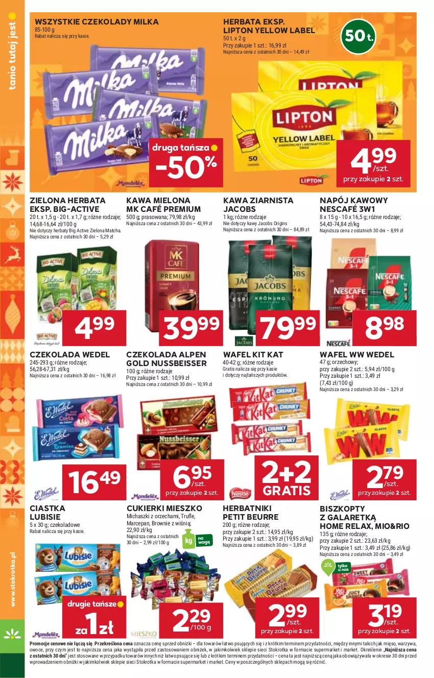 Gazetka promocyjna Stokrotka - Supermarket - ważna 13.11 do 19.11.2025 - strona 16 - produkty: Biszkopty, Brownie, Ciastka, Cukier, Cukierki, Czekolada, Gala, Gin, Gra, Herbata, Herbatniki, Herbatniki Petit Beurre, Jacobs, Kawa, Kawa mielona, Kawa ziarnista, Kit Kat, Lipton, Lubisie, Mięso, Milka, Napój, Nescafé, Owoce, Ser, Warzywa