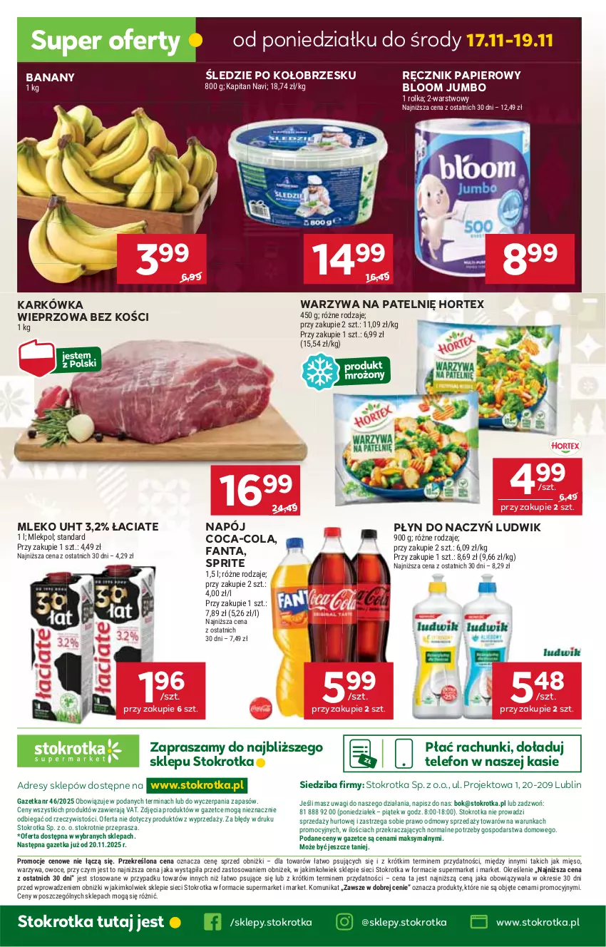 Gazetka promocyjna Stokrotka - Supermarket - ważna 13.11 do 19.11.2025 - strona 43 - produkty: Banany, Coca-Cola, Dres, Fa, Fanta, Hortex, JBL, Karkówka wieprzowa, Ludwik, Mięso, Mleko, Napój, O nas, Owoce, Papier, Ręcznik, Sprite, Telefon, Wagi, Warzywa