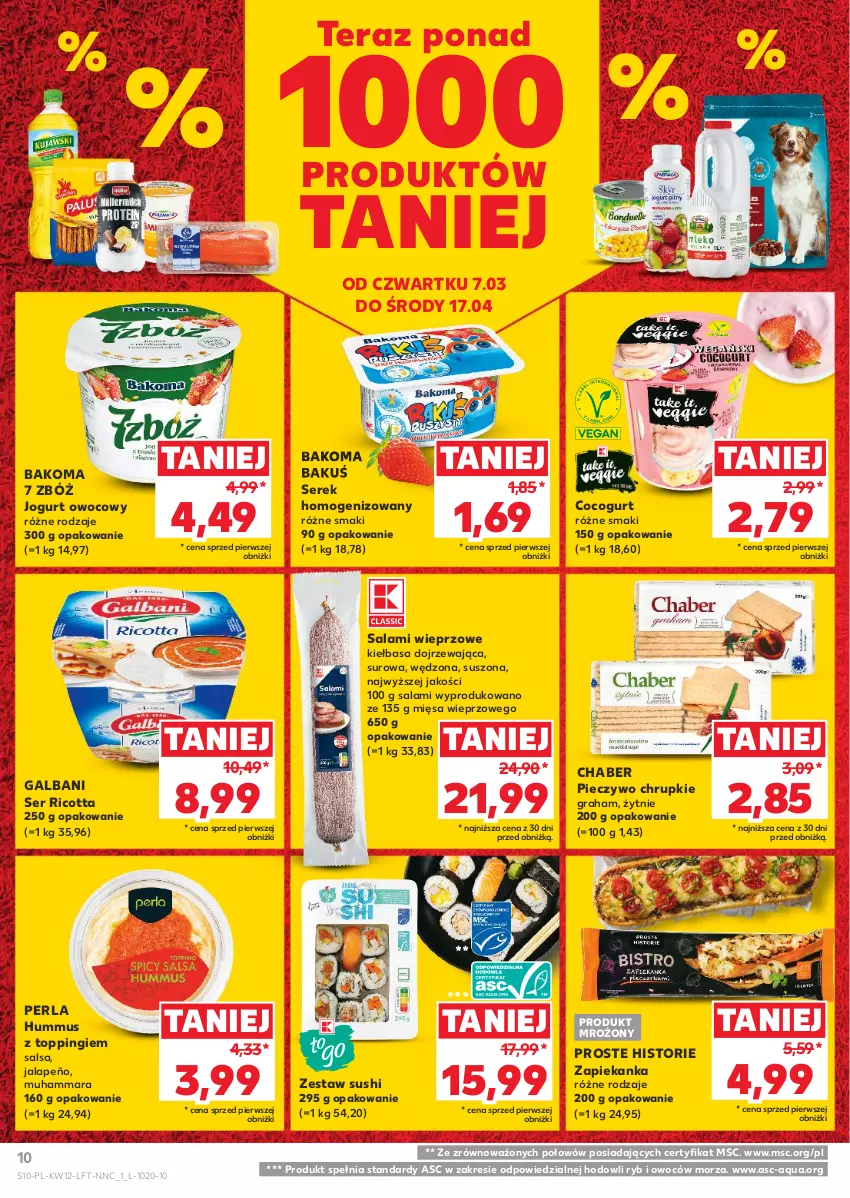 Gazetka promocyjna Kaufland - Gazetka tygodnia - ważna 21.03 do 26.03.2024 - strona 10 - produkty: Bakoma, Chrupki, Galbani, Gra, Hummus, Jogurt, Jogurt owocowy, Kiełbasa, Mus, Piec, Pieczywo, Pieczywo chrupkie, Ricotta, Salami, Salsa, Ser, Serek, Serek homogenizowany, Sushi, Tera, Top, Zapiekanka